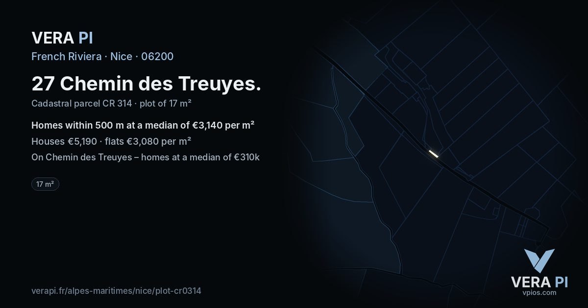 27 Chemin des Treuyes, Nice at night – the plot lit, the parcels around coloured by the prices near them
