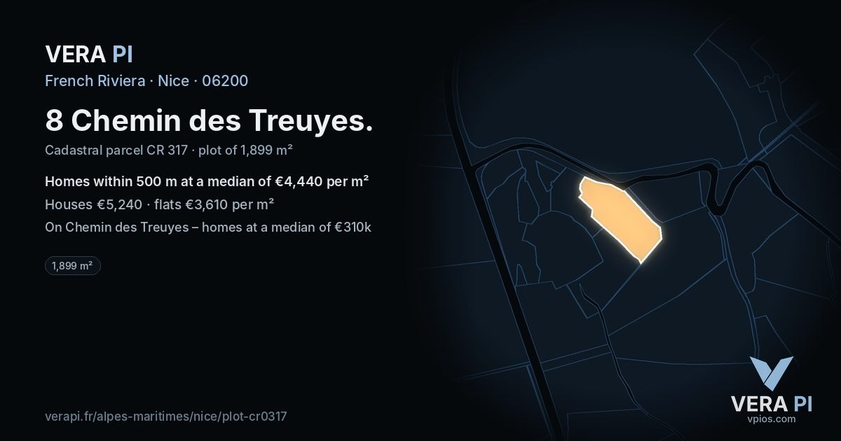 8 Chemin des Treuyes, Nice at night – the plot lit, the parcels around coloured by the prices near them
