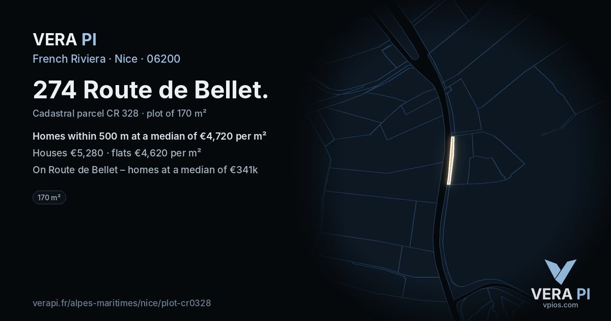 274 Route de Bellet, Nice at night – the plot lit, the parcels around coloured by the prices near them