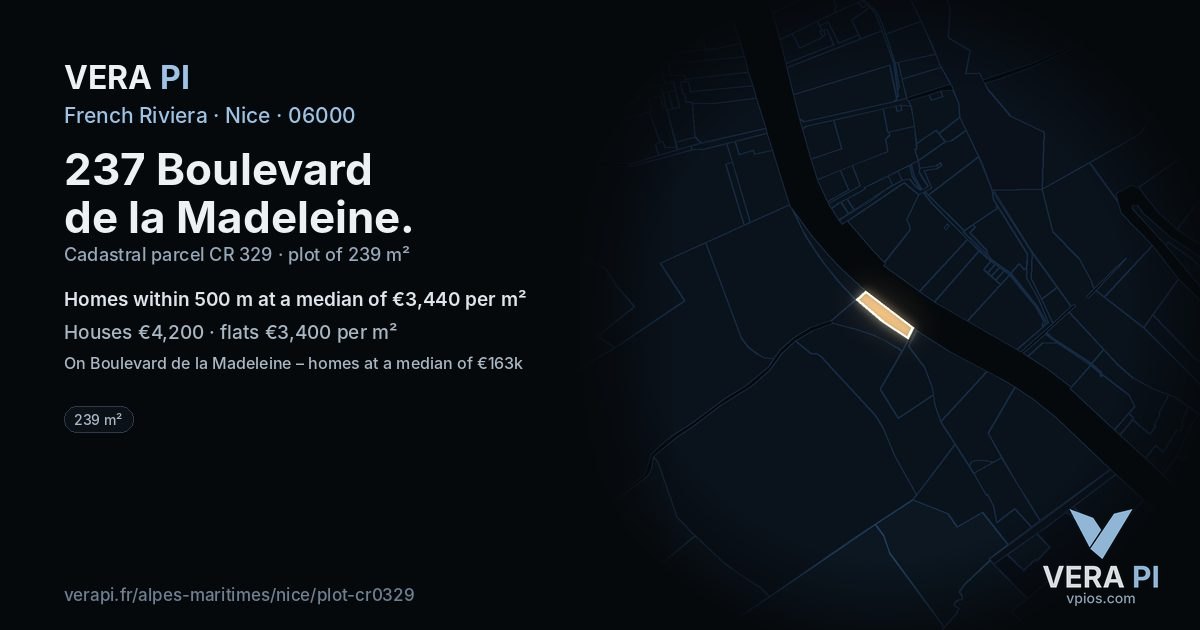 237 Boulevard de la Madeleine, Nice at night – the plot lit, the parcels around coloured by the prices near them