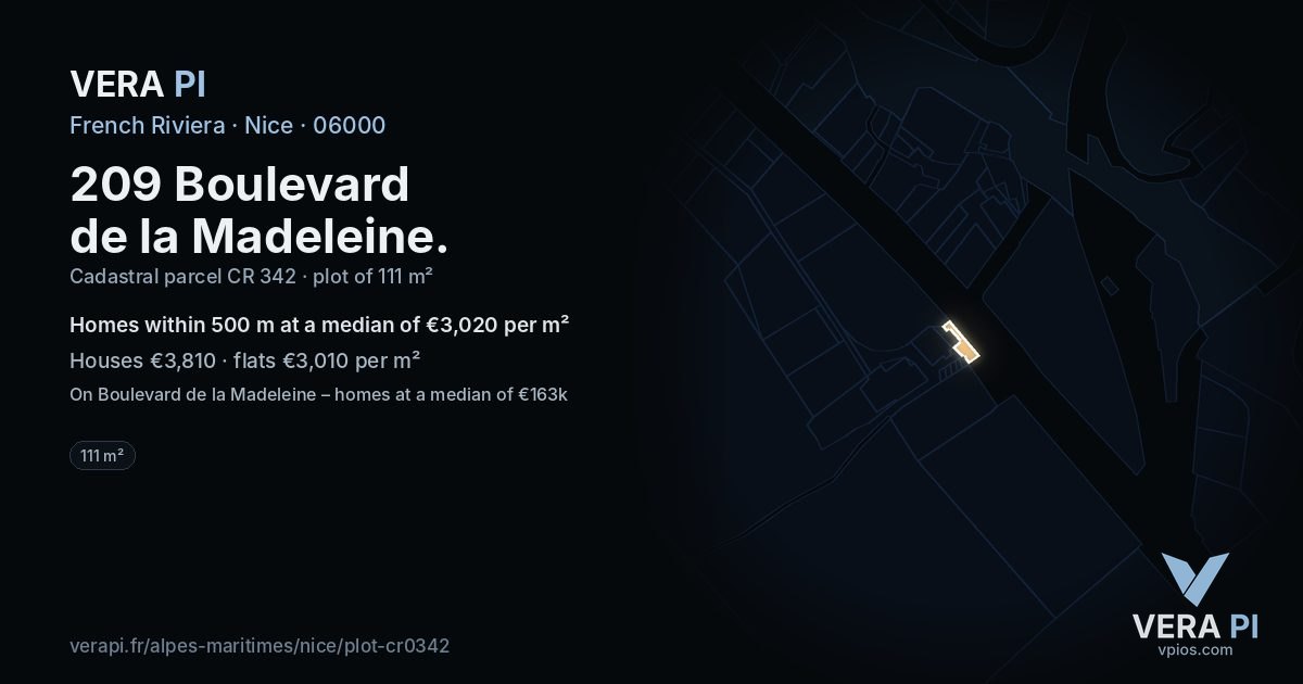 209 Boulevard de la Madeleine, Nice at night – the plot lit, the parcels around coloured by the prices near them
