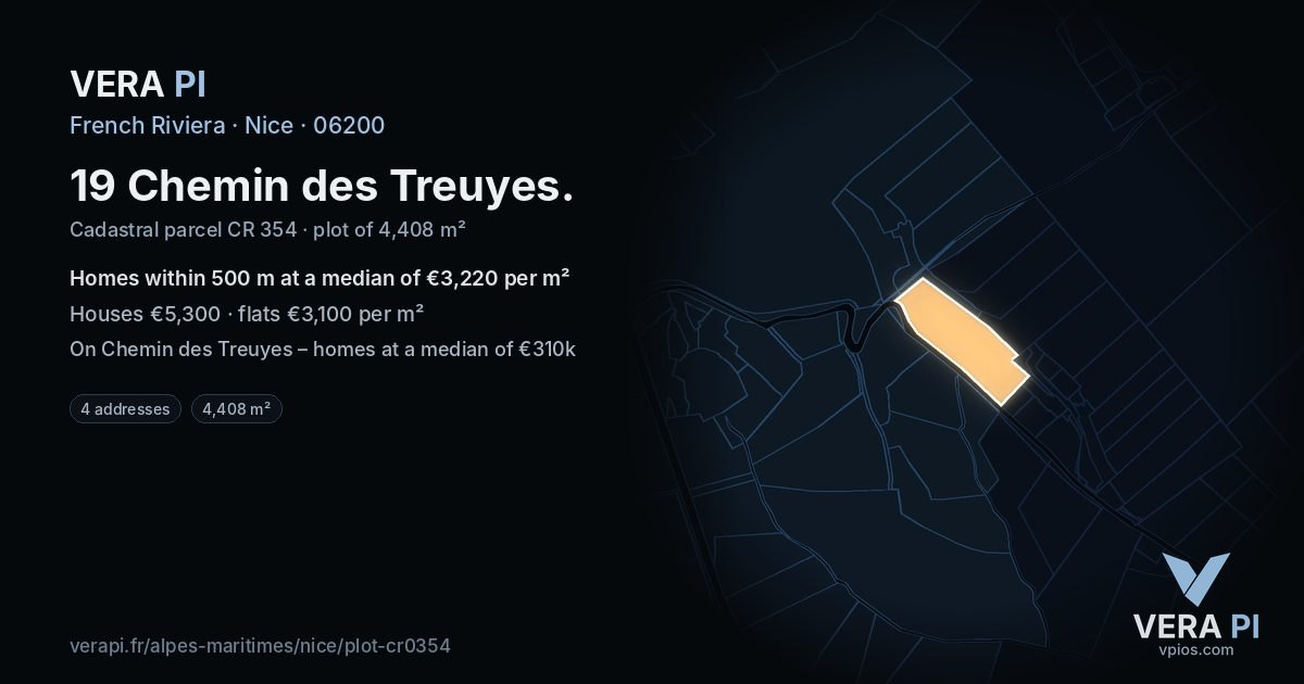 19 Chemin des Treuyes, Nice at night – the plot lit, the parcels around coloured by the prices near them