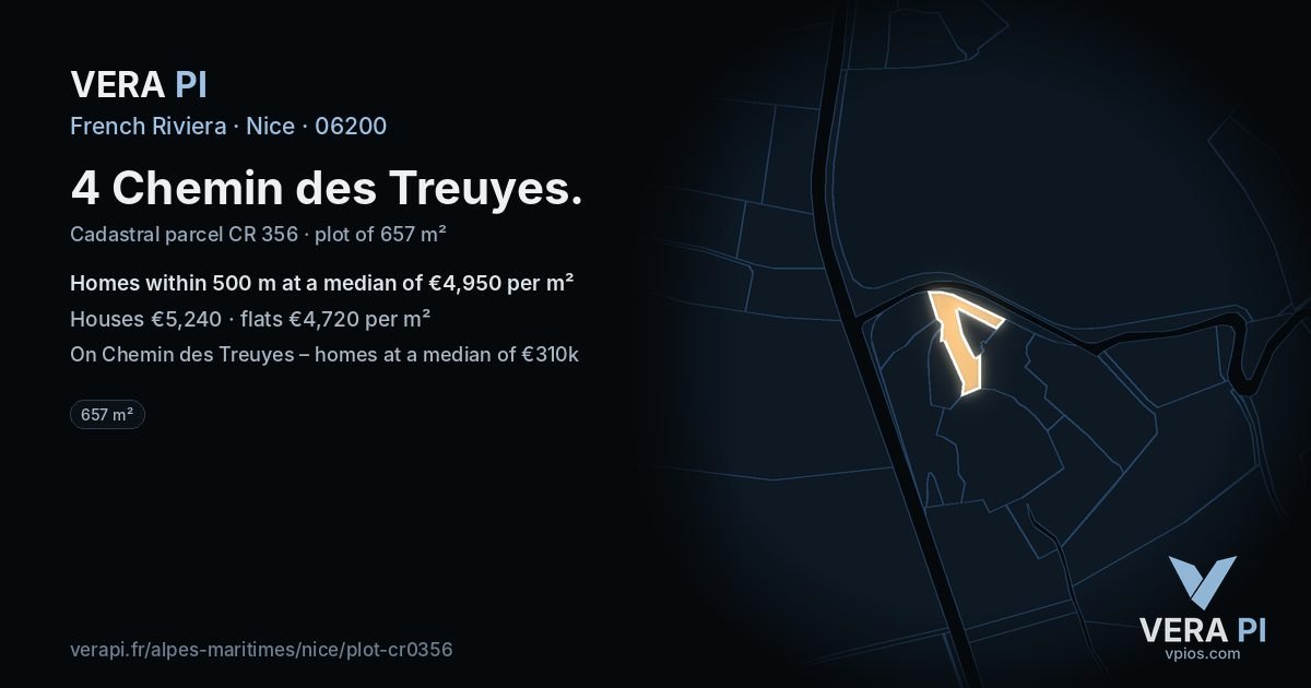 4 Chemin des Treuyes, Nice at night – the plot lit, the parcels around coloured by the prices near them