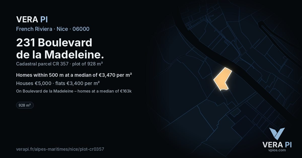 231 Boulevard de la Madeleine, Nice at night – the plot lit, the parcels around coloured by the prices near them