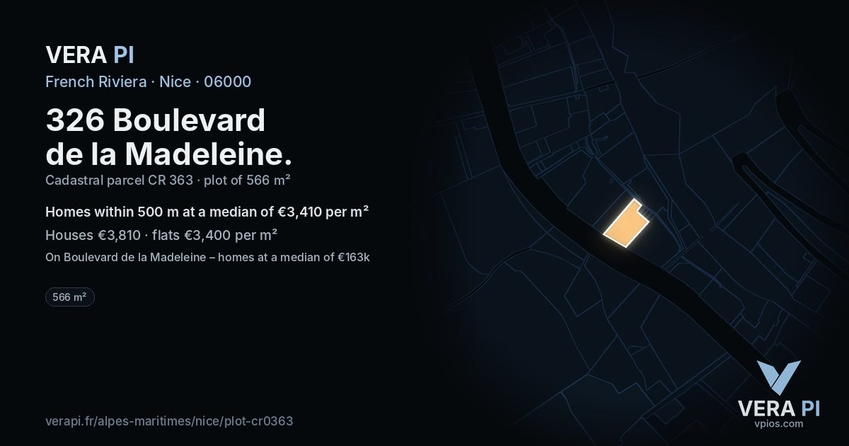 326 Boulevard de la Madeleine, Nice at night – the plot lit, the parcels around coloured by the prices near them
