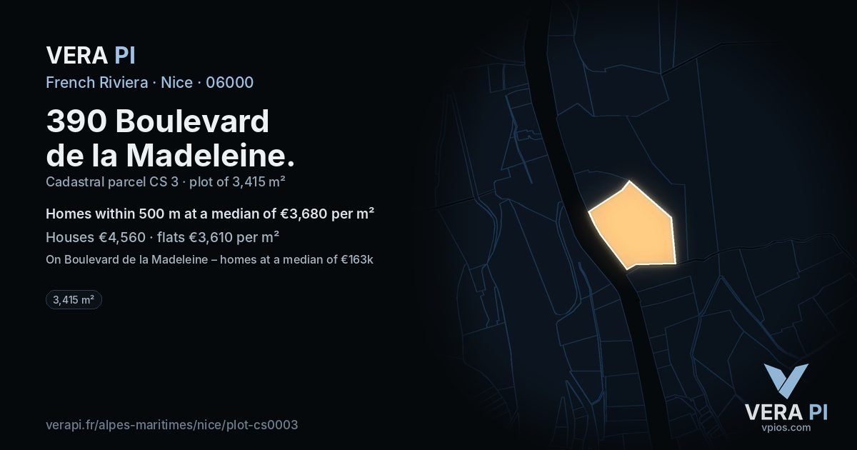 390 Boulevard de la Madeleine, Nice at night – the plot lit, the parcels around coloured by the prices near them