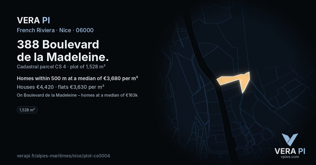 388 Boulevard de la Madeleine, Nice at night – the plot lit, the parcels around coloured by the prices near them