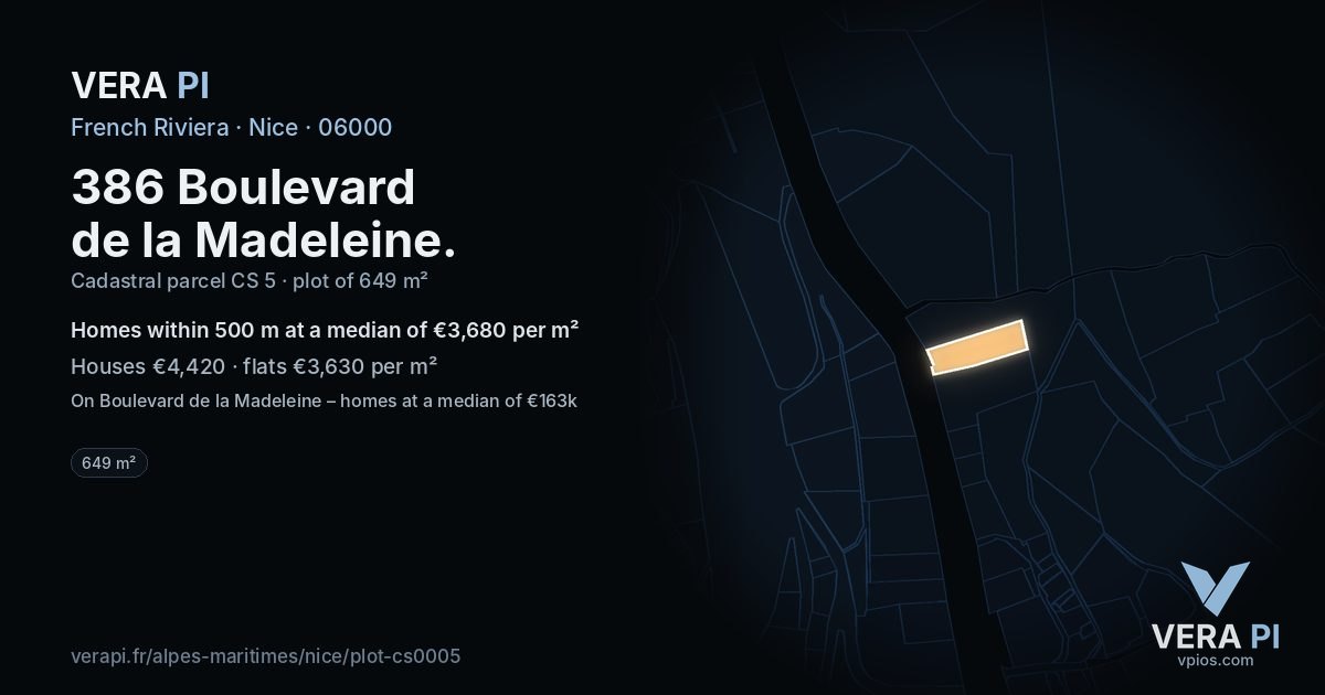 386 Boulevard de la Madeleine, Nice at night – the plot lit, the parcels around coloured by the prices near them
