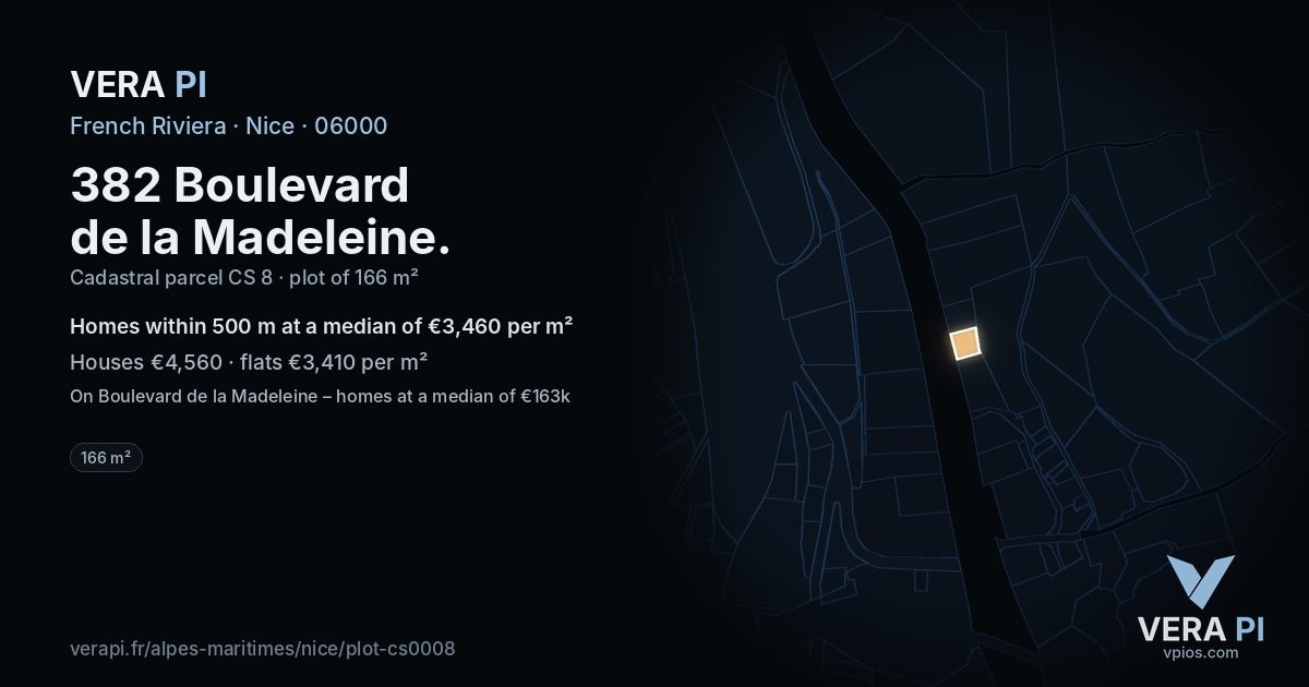 382 Boulevard de la Madeleine, Nice at night – the plot lit, the parcels around coloured by the prices near them
