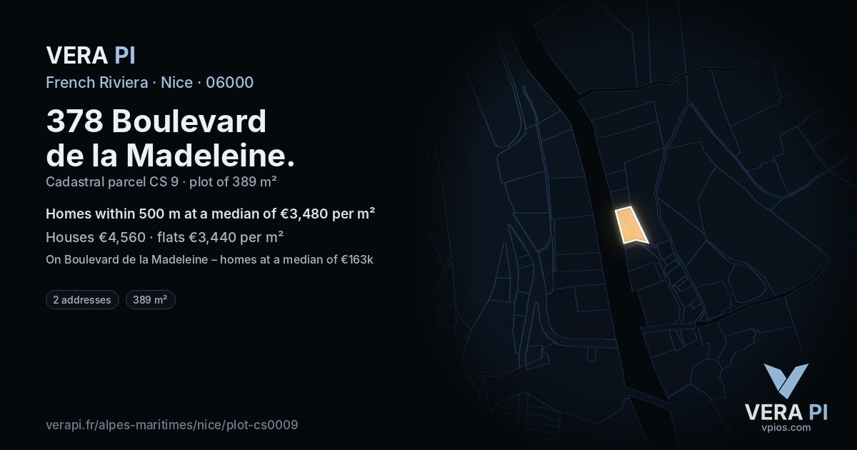 378 Boulevard de la Madeleine, Nice at night – the plot lit, the parcels around coloured by the prices near them
