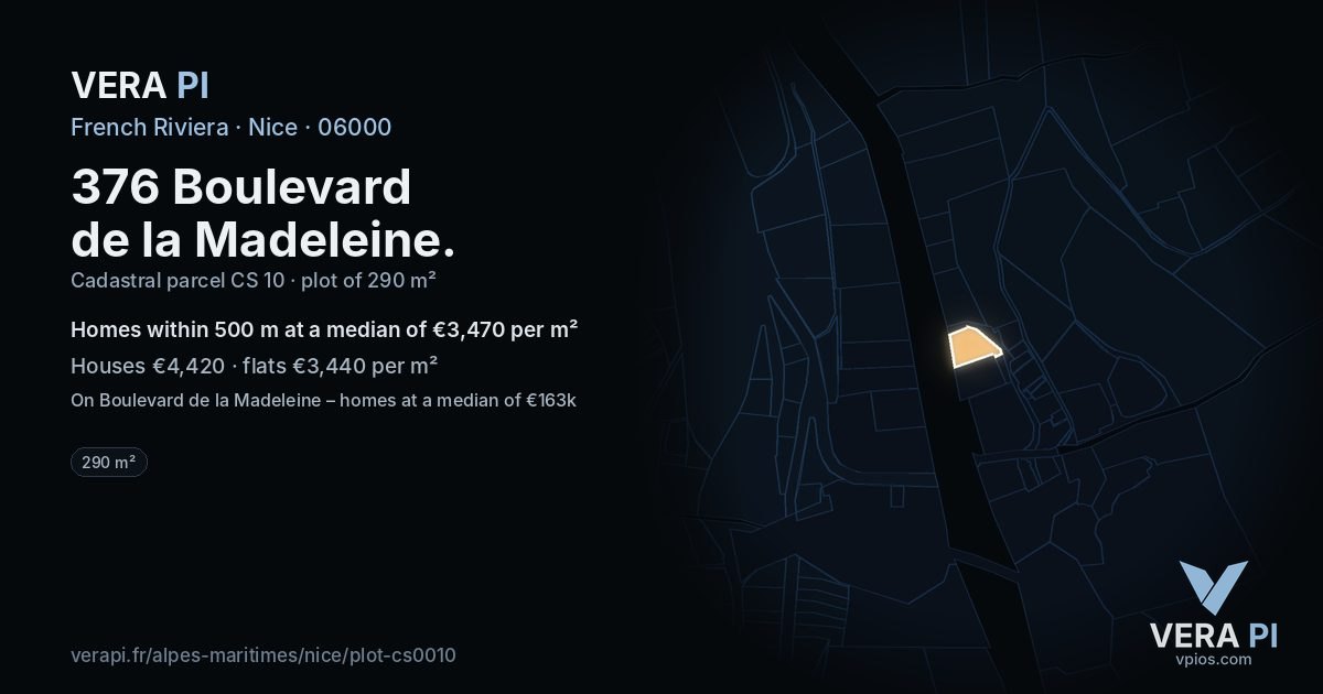 376 Boulevard de la Madeleine, Nice at night – the plot lit, the parcels around coloured by the prices near them
