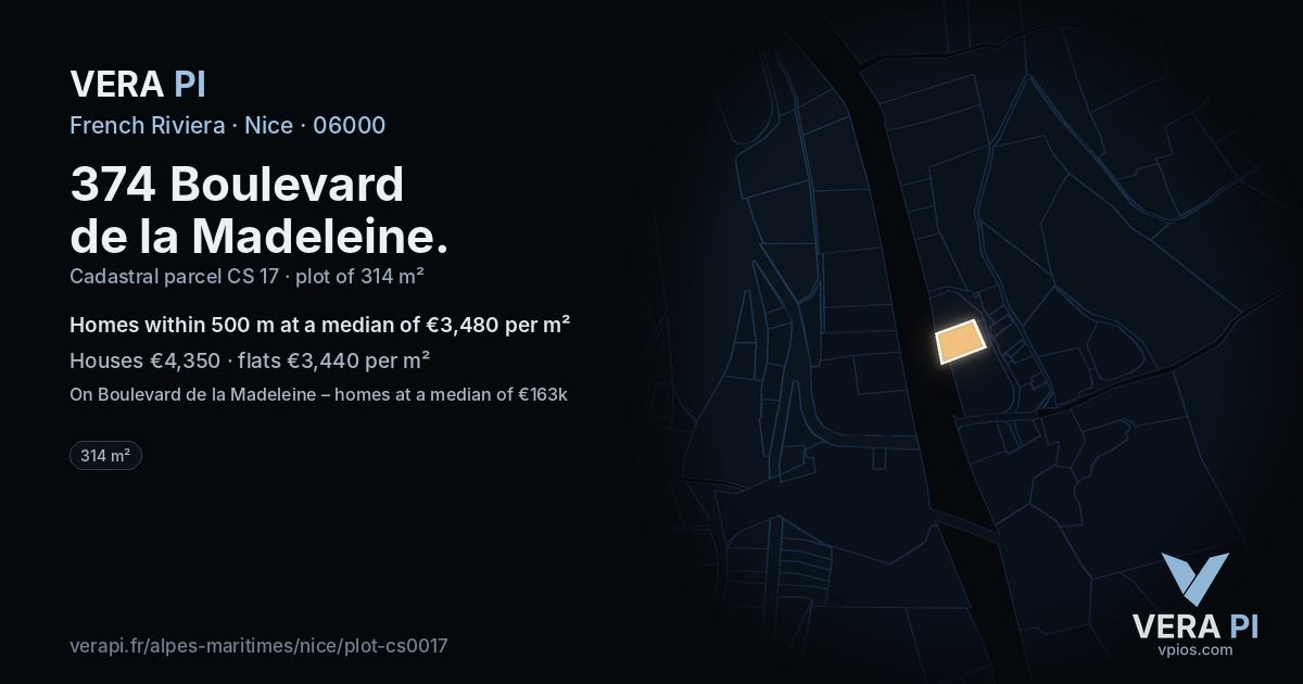 374 Boulevard de la Madeleine, Nice at night – the plot lit, the parcels around coloured by the prices near them