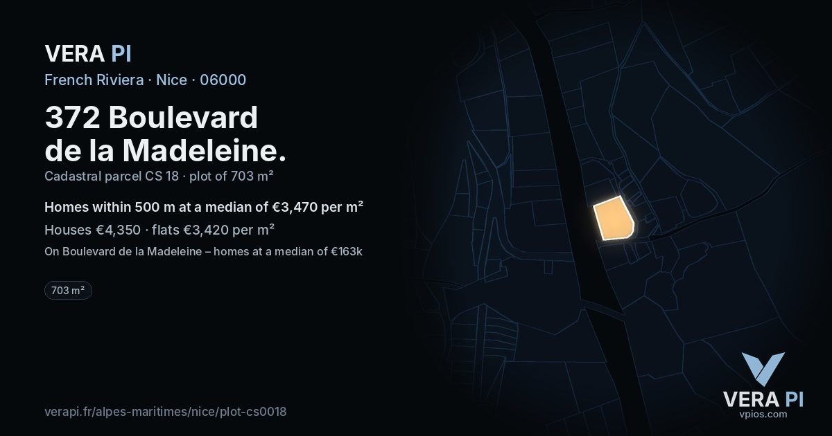 372 Boulevard de la Madeleine, Nice at night – the plot lit, the parcels around coloured by the prices near them