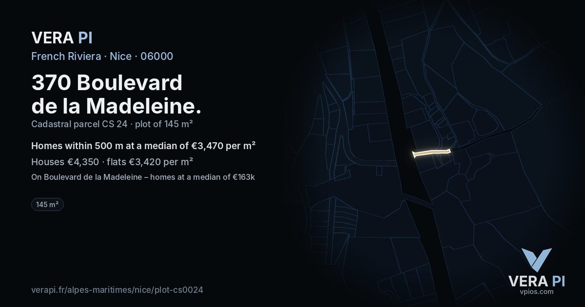 370 Boulevard de la Madeleine, Nice at night – the plot lit, the parcels around coloured by the prices near them