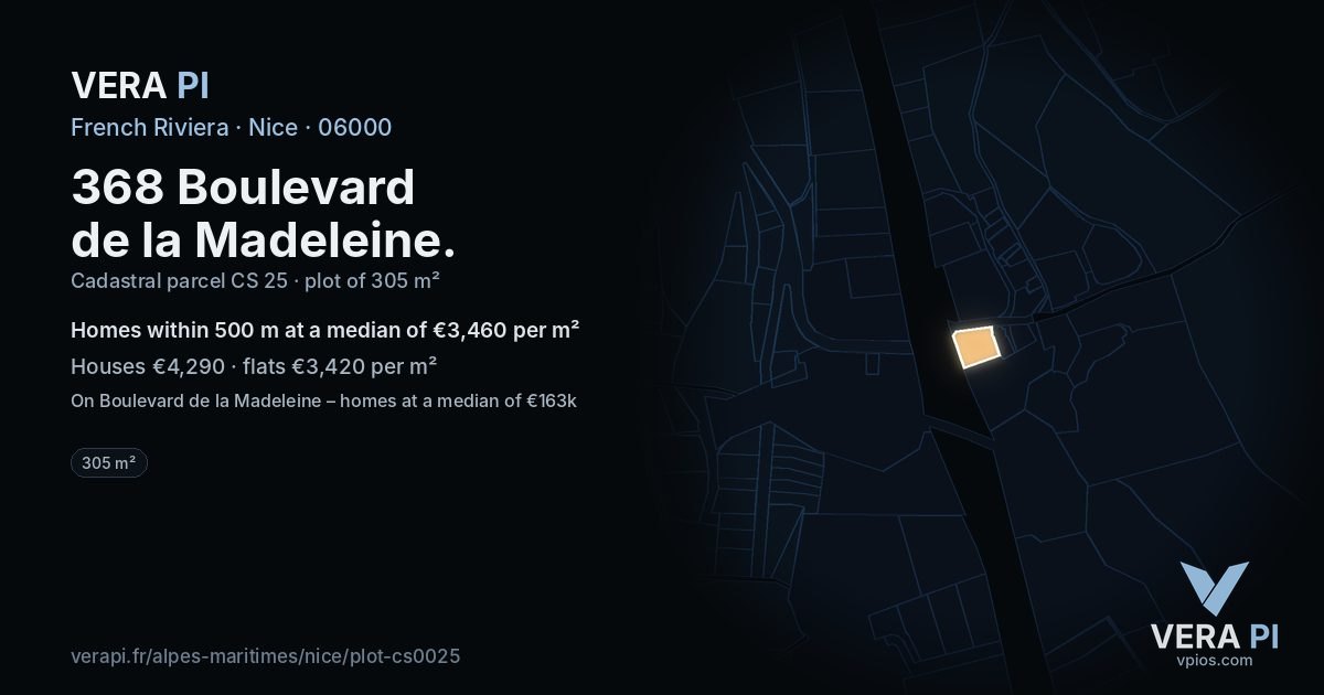 368 Boulevard de la Madeleine, Nice at night – the plot lit, the parcels around coloured by the prices near them