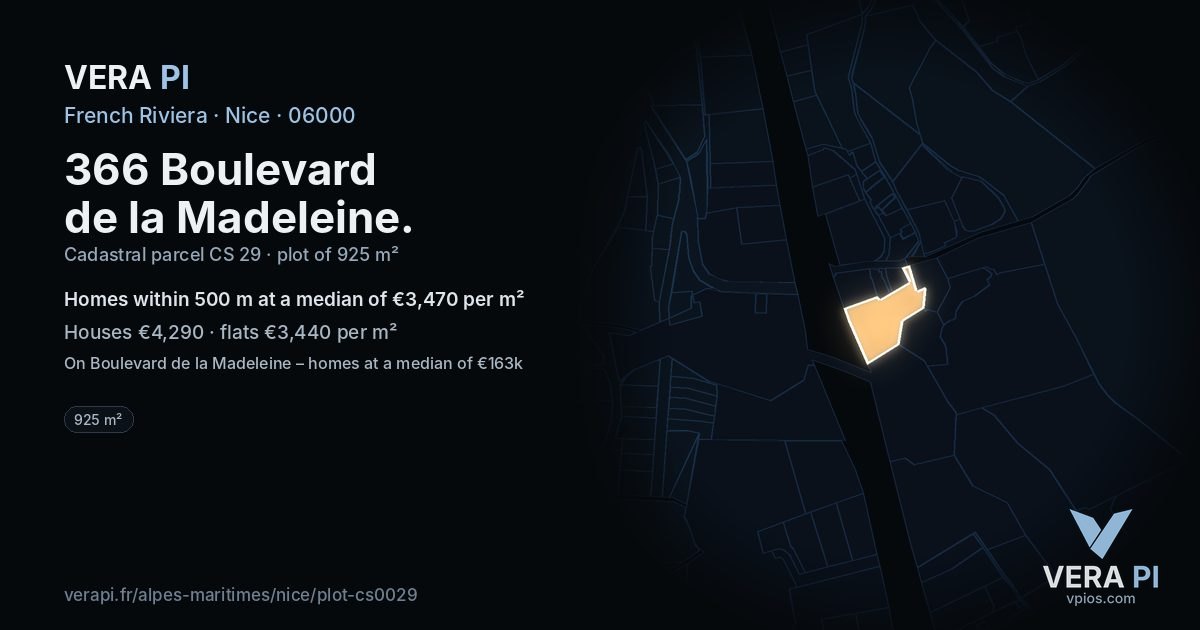 366 Boulevard de la Madeleine, Nice at night – the plot lit, the parcels around coloured by the prices near them