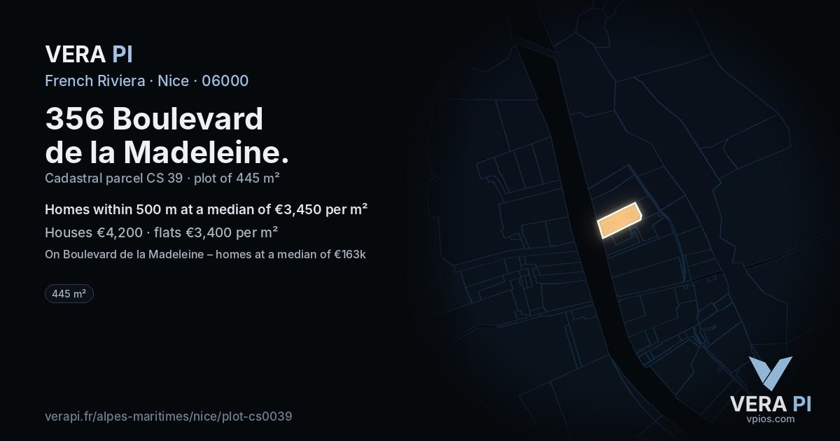 356 Boulevard de la Madeleine, Nice at night – the plot lit, the parcels around coloured by the prices near them