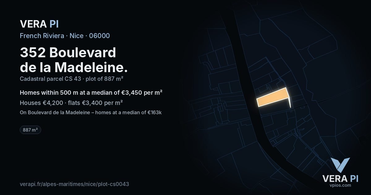 352 Boulevard de la Madeleine, Nice at night – the plot lit, the parcels around coloured by the prices near them