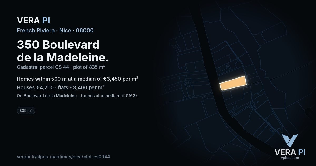 350 Boulevard de la Madeleine, Nice at night – the plot lit, the parcels around coloured by the prices near them