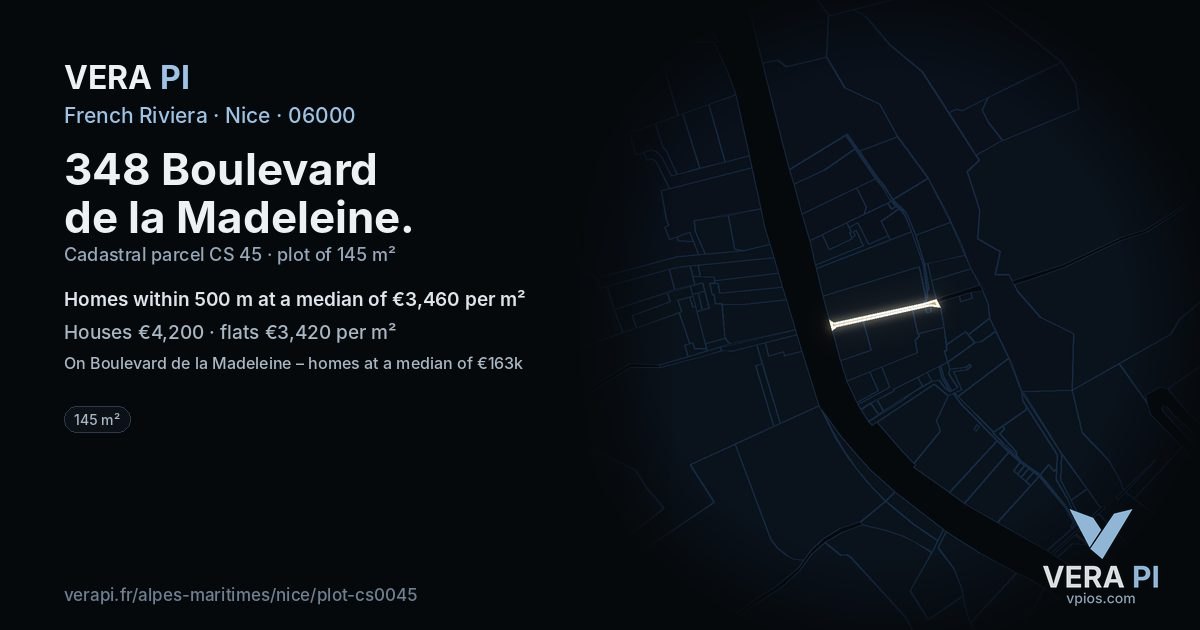 348 Boulevard de la Madeleine, Nice at night – the plot lit, the parcels around coloured by the prices near them