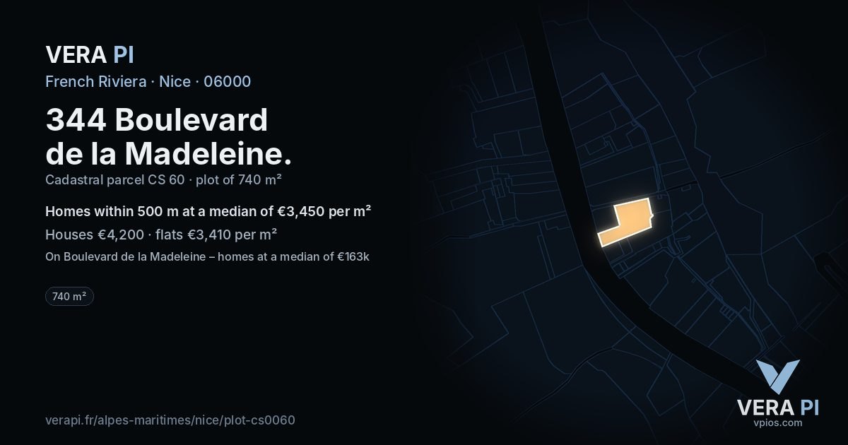 344 Boulevard de la Madeleine, Nice at night – the plot lit, the parcels around coloured by the prices near them