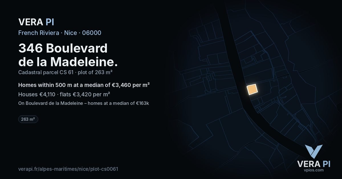 346 Boulevard de la Madeleine, Nice at night – the plot lit, the parcels around coloured by the prices near them