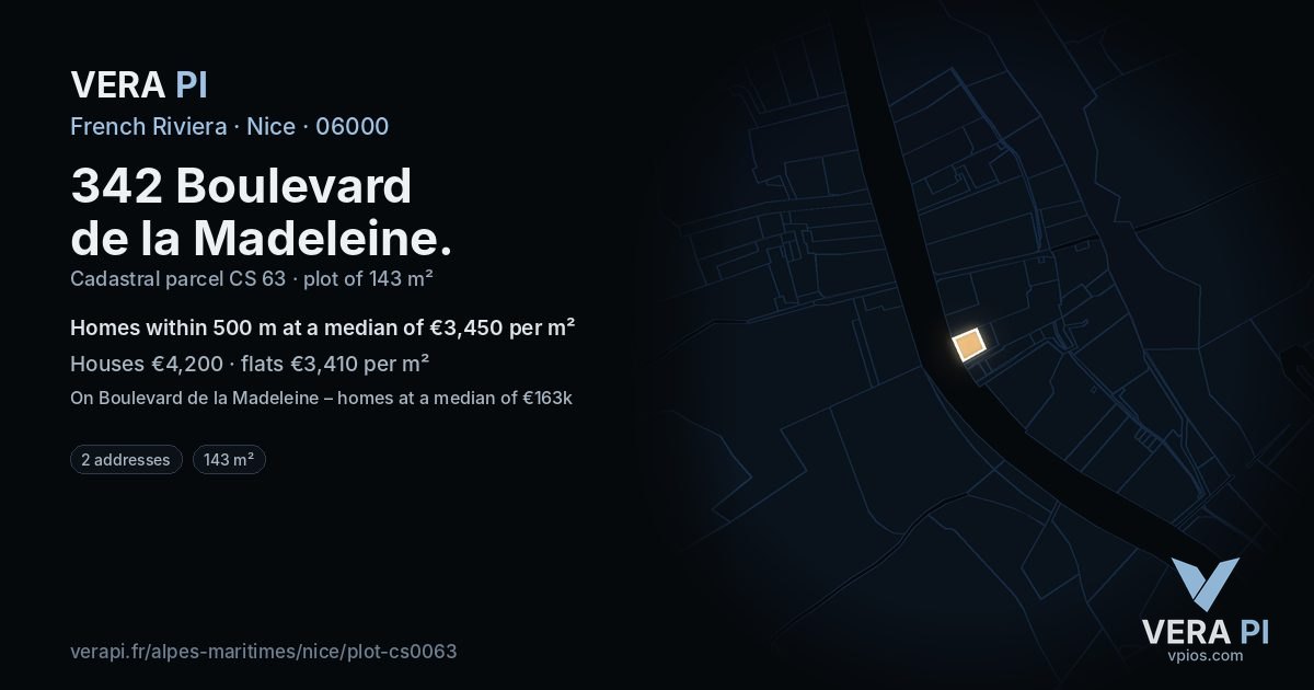 342 Boulevard de la Madeleine, Nice at night – the plot lit, the parcels around coloured by the prices near them