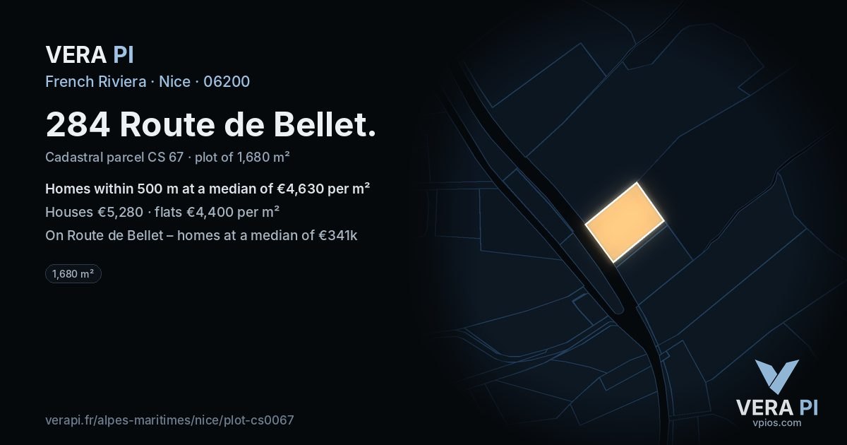 284 Route de Bellet, Nice at night – the plot lit, the parcels around coloured by the prices near them