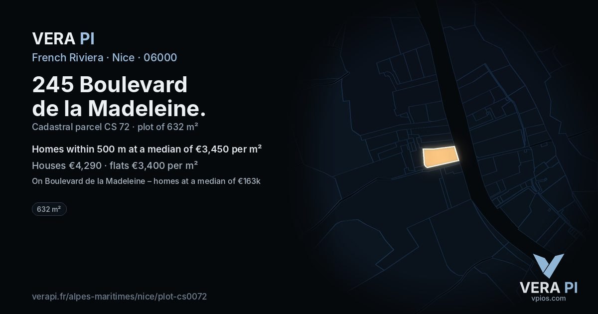 245 Boulevard de la Madeleine, Nice at night – the plot lit, the parcels around coloured by the prices near them