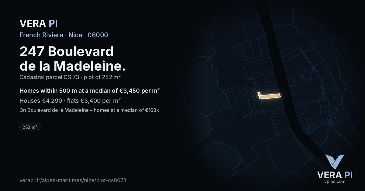 247 Boulevard de la Madeleine, Nice at night – the plot lit, the parcels around coloured by the prices near them