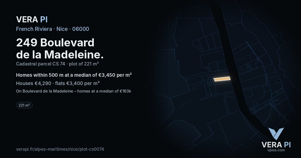 249 Boulevard de la Madeleine, Nice at night – the plot lit, the parcels around coloured by the prices near them