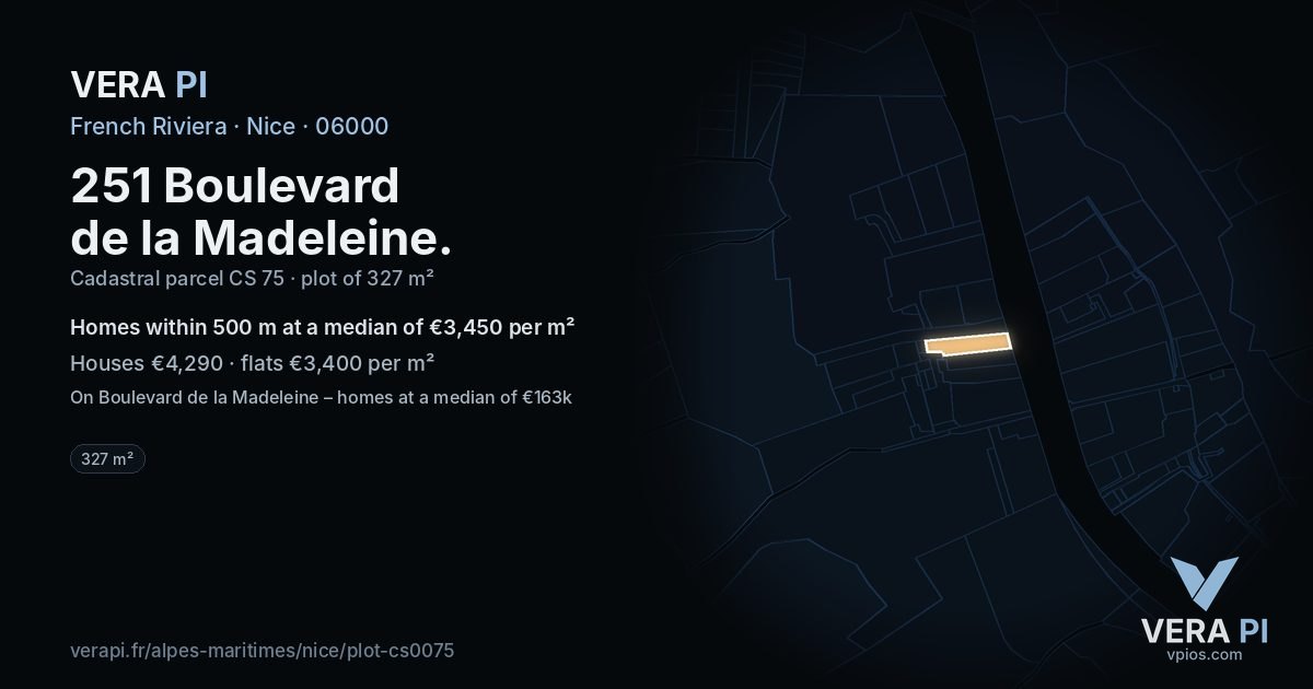 251 Boulevard de la Madeleine, Nice at night – the plot lit, the parcels around coloured by the prices near them