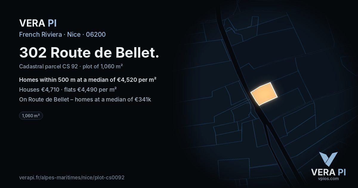 302 Route de Bellet, Nice at night – the plot lit, the parcels around coloured by the prices near them