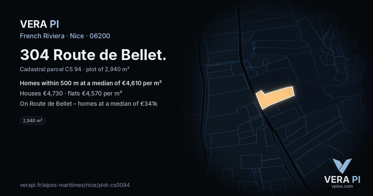 304 Route de Bellet, Nice at night – the plot lit, the parcels around coloured by the prices near them