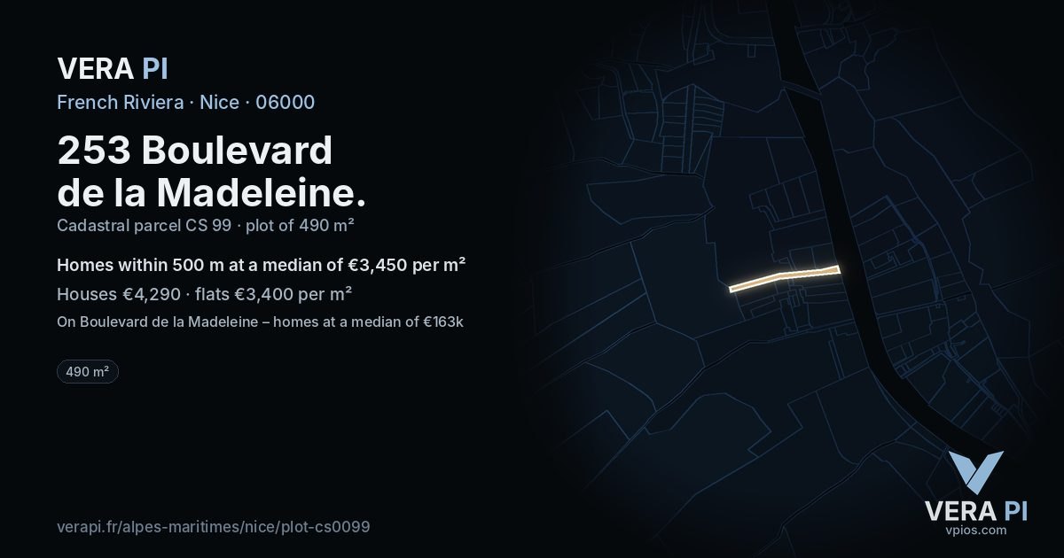 253 Boulevard de la Madeleine, Nice at night – the plot lit, the parcels around coloured by the prices near them