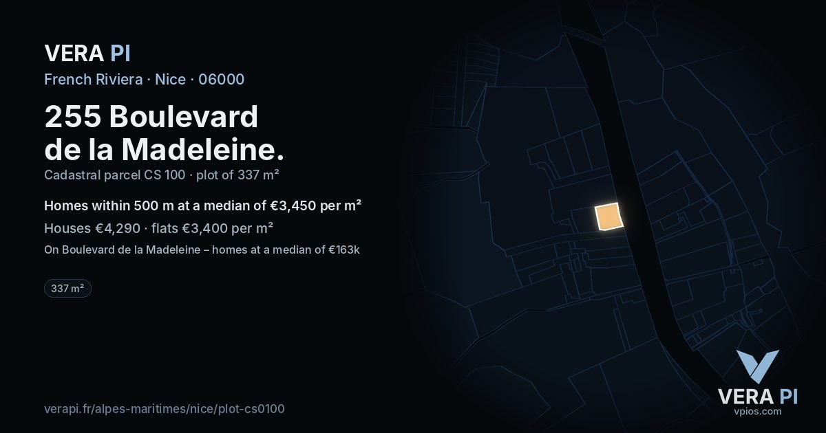 255 Boulevard de la Madeleine, Nice at night – the plot lit, the parcels around coloured by the prices near them