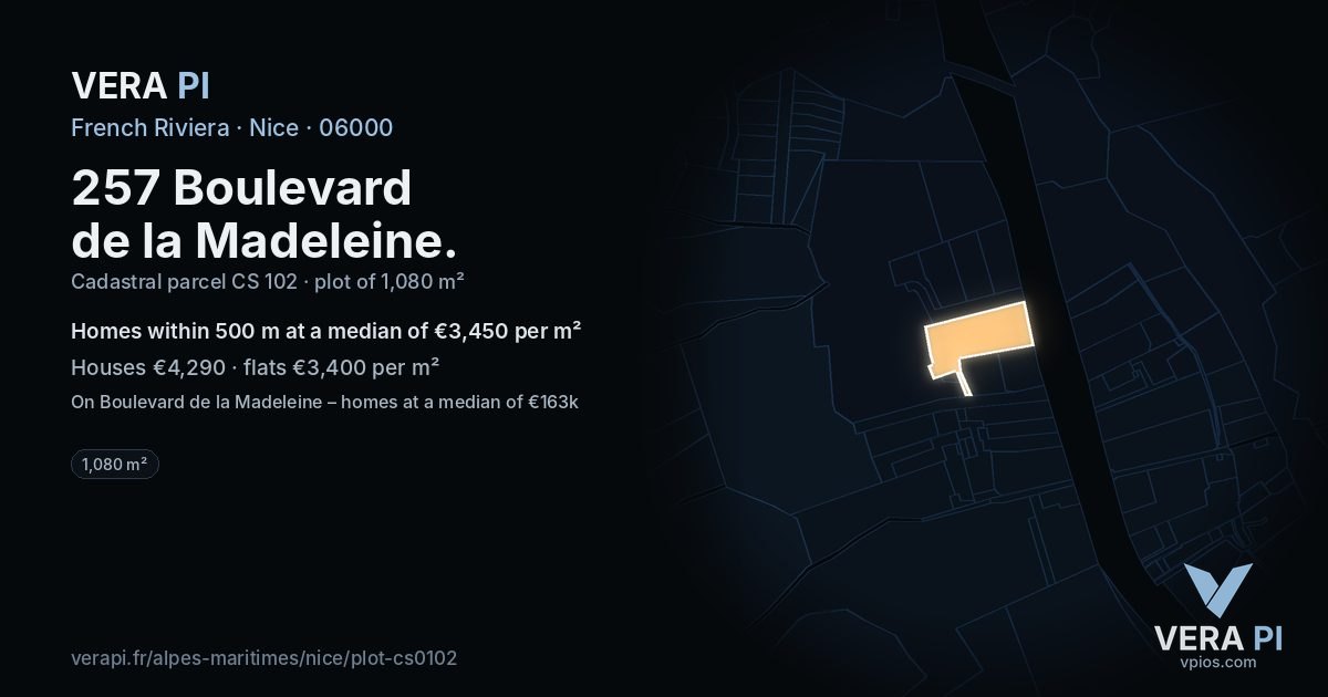 257 Boulevard de la Madeleine, Nice at night – the plot lit, the parcels around coloured by the prices near them