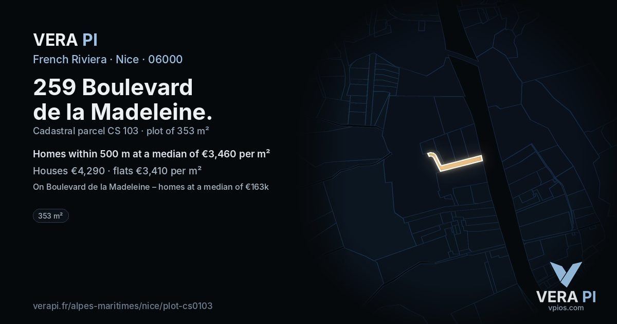 259 Boulevard de la Madeleine, Nice at night – the plot lit, the parcels around coloured by the prices near them