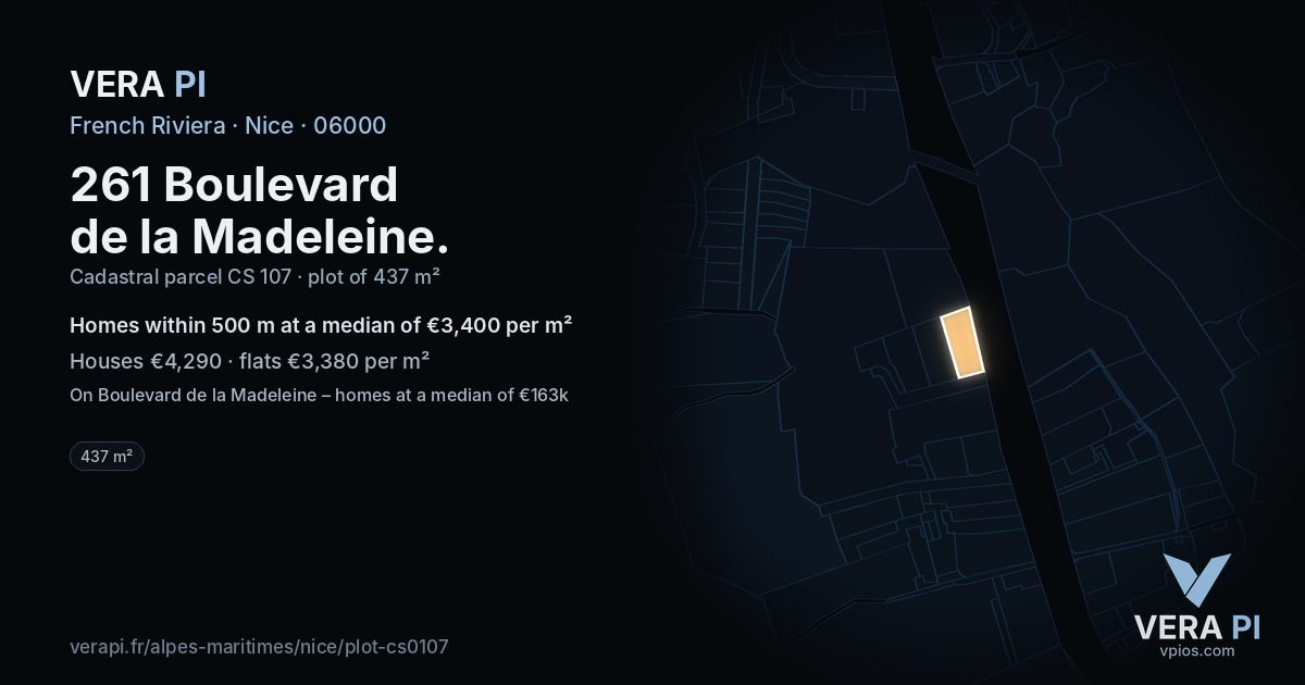 261 Boulevard de la Madeleine, Nice at night – the plot lit, the parcels around coloured by the prices near them