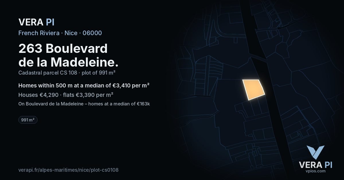 263 Boulevard de la Madeleine, Nice at night – the plot lit, the parcels around coloured by the prices near them