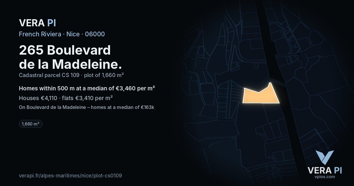 265 Boulevard de la Madeleine, Nice at night – the plot lit, the parcels around coloured by the prices near them