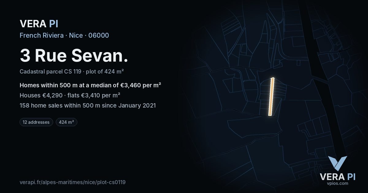 3 Rue Sevan, Nice at night – the plot lit, the parcels around coloured by the prices near them