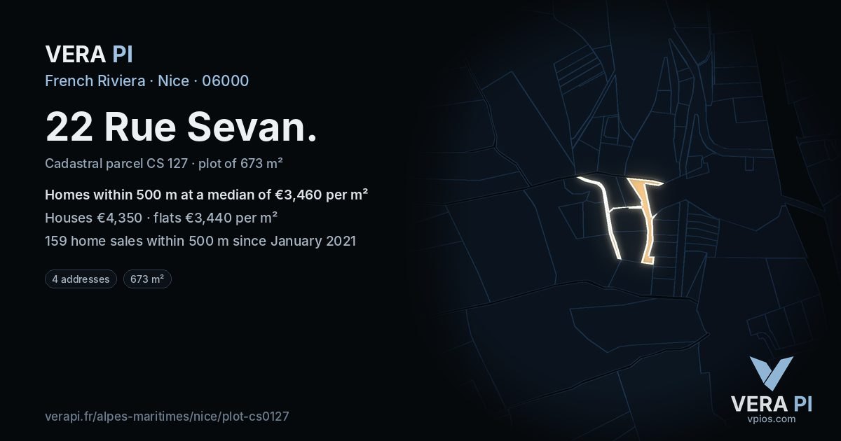 22 Rue Sevan, Nice at night – the plot lit, the parcels around coloured by the prices near them