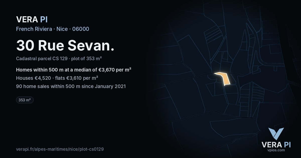 30 Rue Sevan, Nice at night – the plot lit, the parcels around coloured by the prices near them