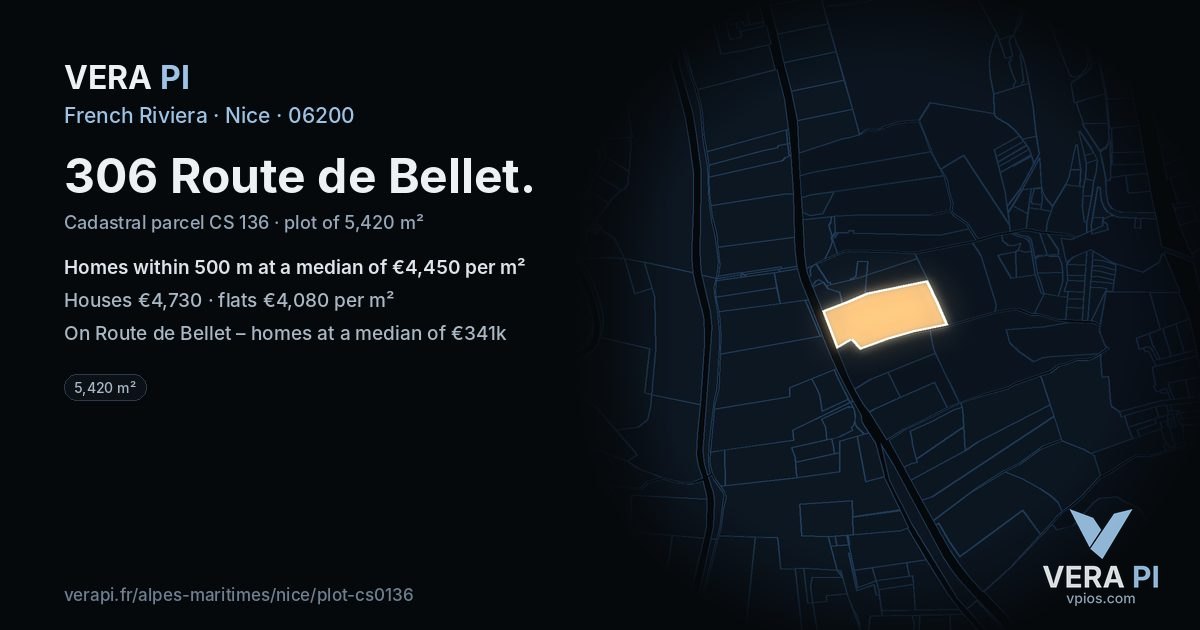 306 Route de Bellet, Nice at night – the plot lit, the parcels around coloured by the prices near them