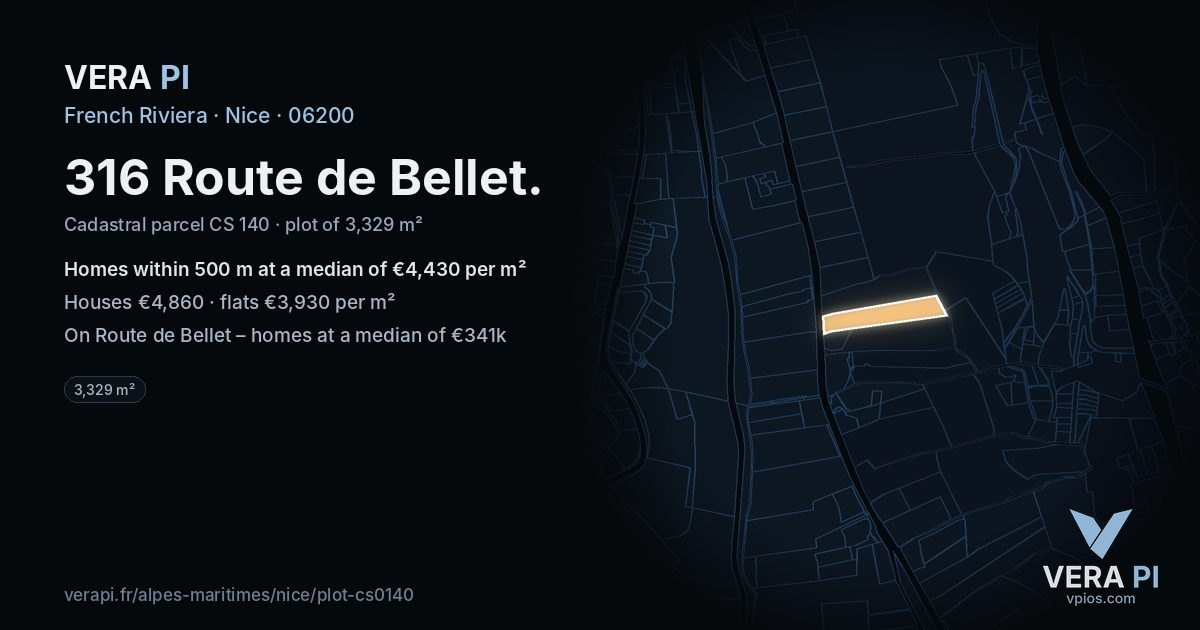 316 Route de Bellet, Nice at night – the plot lit, the parcels around coloured by the prices near them