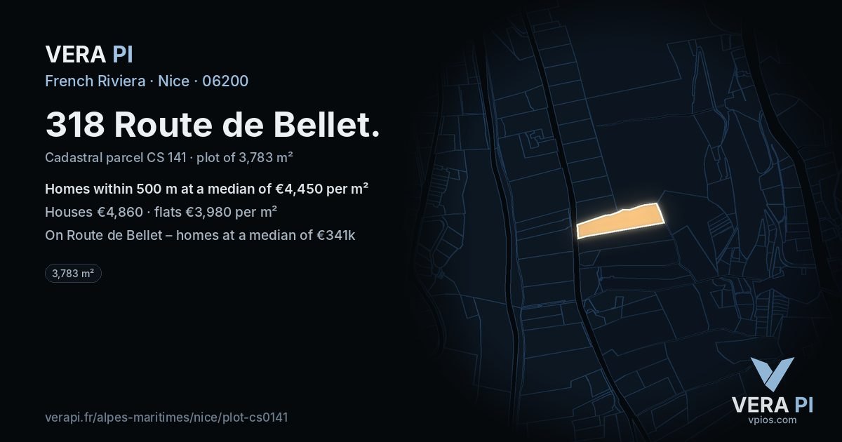 318 Route de Bellet, Nice at night – the plot lit, the parcels around coloured by the prices near them