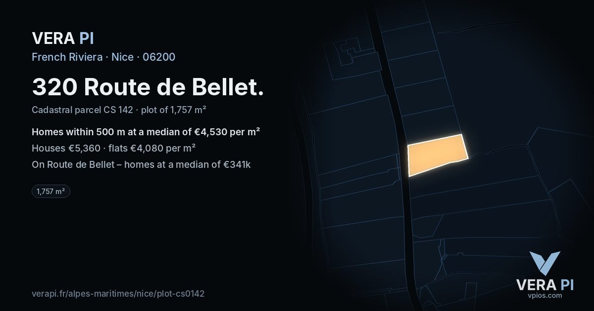 320 Route de Bellet, Nice at night – the plot lit, the parcels around coloured by the prices near them