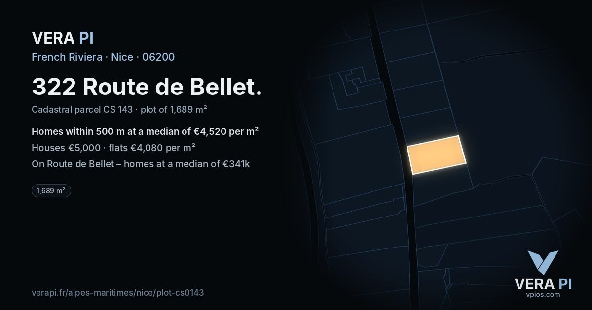 322 Route de Bellet, Nice at night – the plot lit, the parcels around coloured by the prices near them