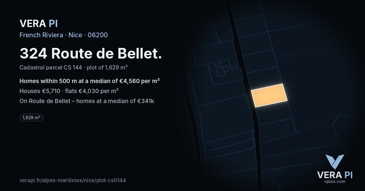 324 Route de Bellet, Nice at night – the plot lit, the parcels around coloured by the prices near them
